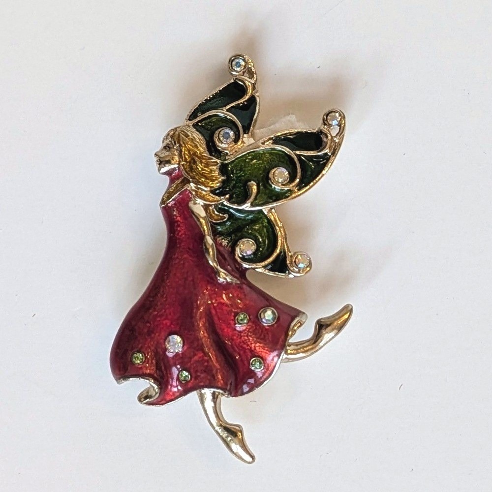 Winged Fairy Pin - 2" Gold Toned Broach w/ Red & Green Enamel & Gem Rhinestones